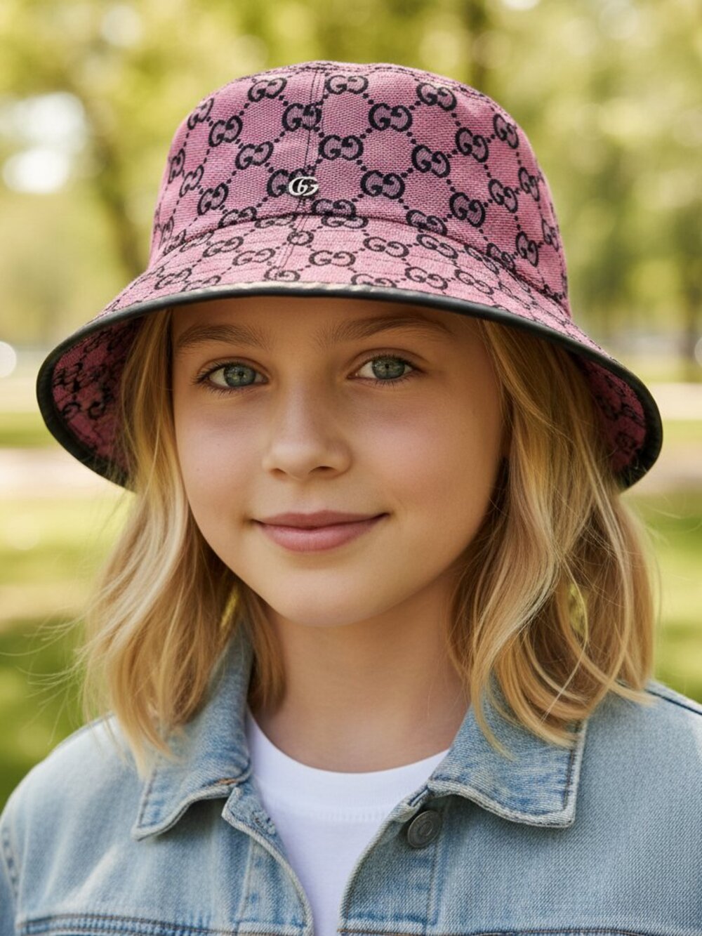 GUCCI Pink & Black GG Monogram Canvas Bucket Hat, Size S (56cm)
